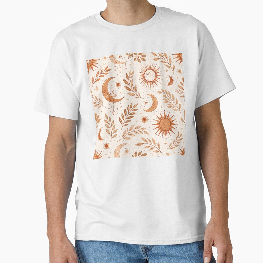 Boho Earth Pattern – Sun Moon & Leaves Terracotta Seamless Design by OpenDreamArts