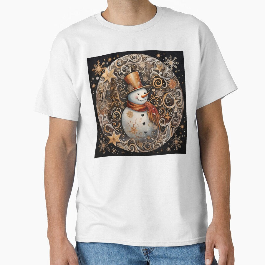 Nostalgic snowman drawing with swirling snowflakes print by dcrc