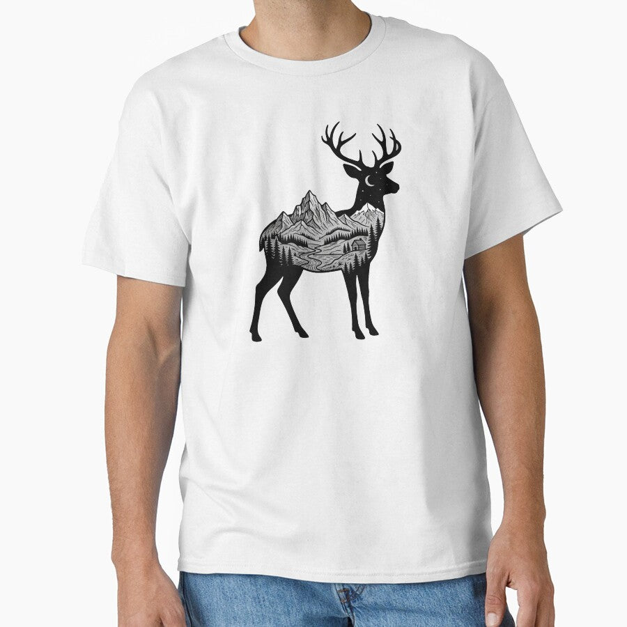 Deer Mountain Negative Space Line Starry Art Boho Style by Yellowriversss