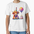 Scottish Highland Cow Calf Celebrating a Happy Birthday Colorful Watercolor by MaedK