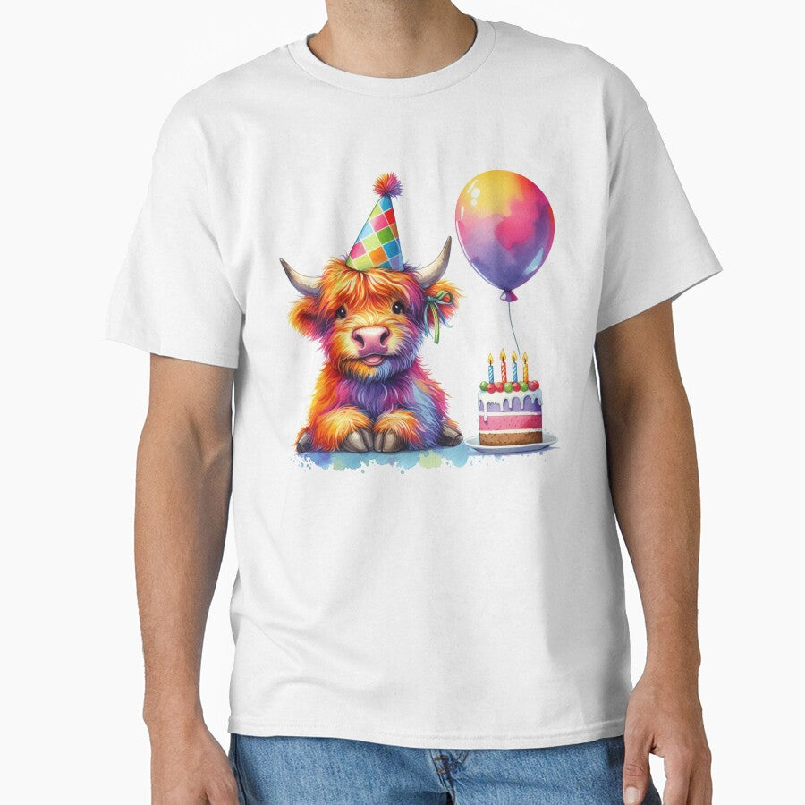 Scottish Highland Cow Calf Celebrating a Happy Birthday Colorful Watercolor by MaedK