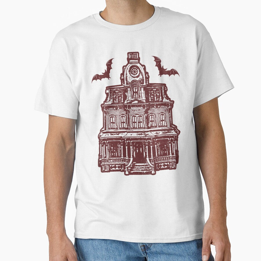 Haunted Victorian Mansion Bats Gothic House Woodcut Red by Ghoul Enterprises