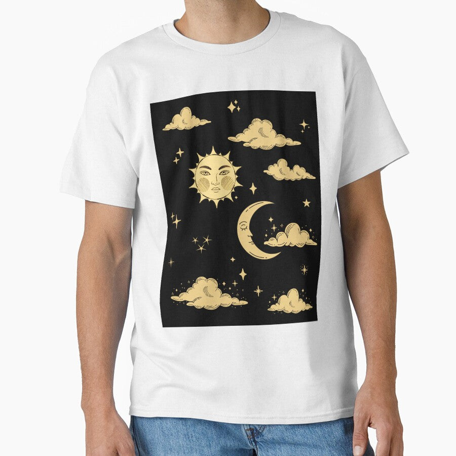 sun and moon celestial line art, artstyle by cutecrazytshirt
