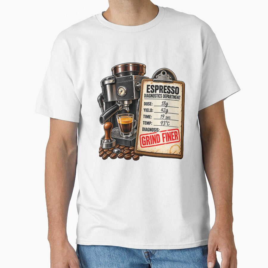 Espresso Diagnostics Grind Finer Shirt - Funny Home Barista Gift by NemesisBirdCo