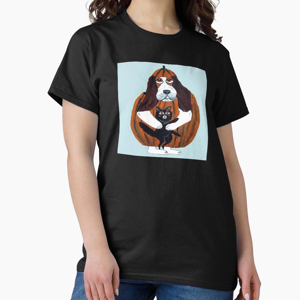 Basset Hound in Pumpkin Costume with Black Cat by Squirreldumplings