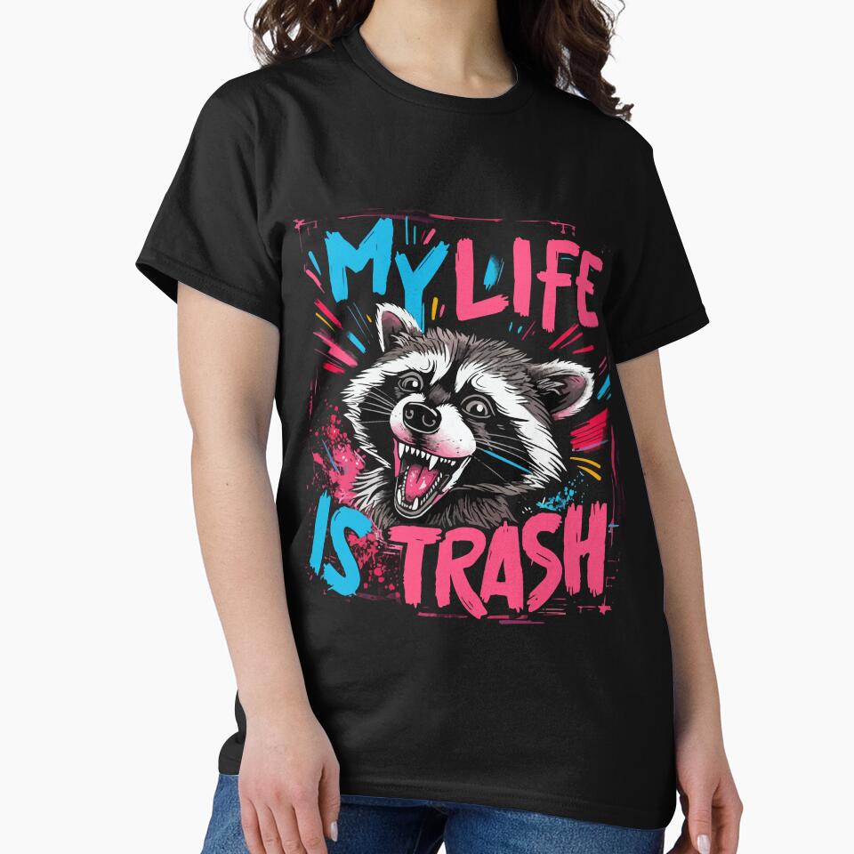 Urban Raccoon Graffiti Art - 'My Life is Trash' Pink & Blue Design by Shirtlify