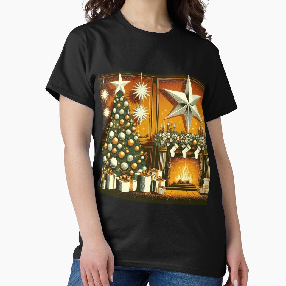 Christmas Vintage Gilded Christmas tree and fireplace and gold star,Christmas tree,christmas retro,Christmas Vintage by Expressions-Sel