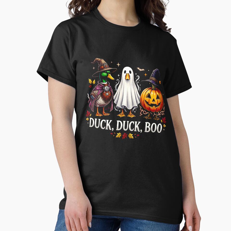 Duck Duck Boo Halloween Trio Funny Duck Pumpkin Ghost Shirt by ArcaneArtistry