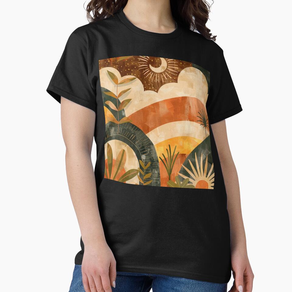 Boho Earthtones, Green, Orange, And Yellow Sunset Landscape by DEC02