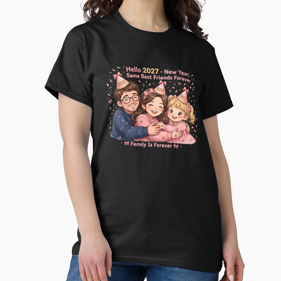 Hello 2027 - New Year Same Best Friends Forever Family Cartoon - Coquette Pink Bow Family by HoMya