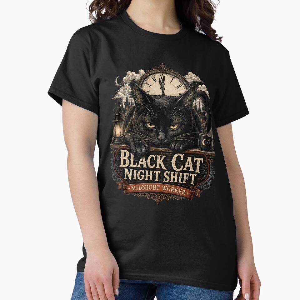 BLACK CAT NIGHT SHIFT Midnight Worker Halloween Gothic Engraving by LiviuGligoros