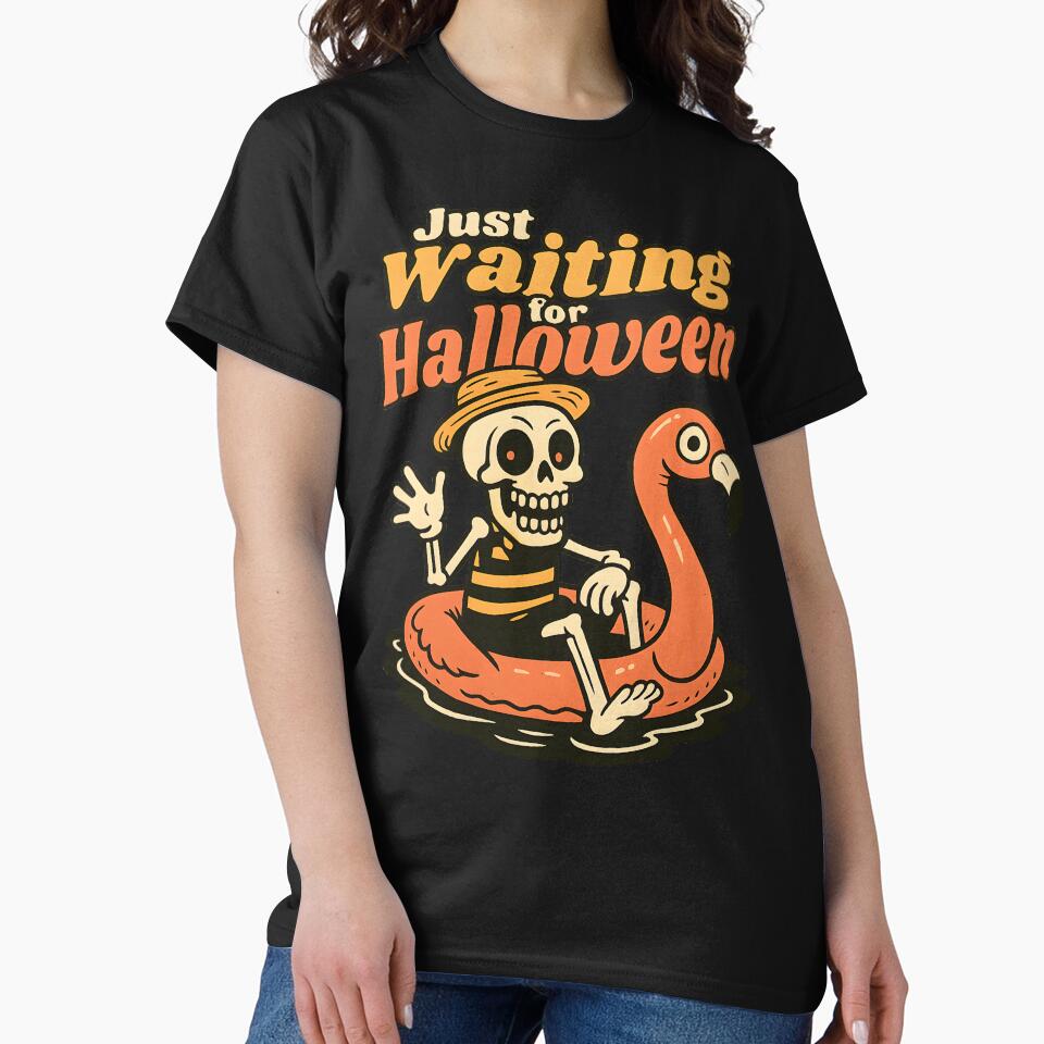 Funny Retro Skeleton Flamingo Float Waiting for Halloween Spooky Summer T-Shirt by DrawHandArt