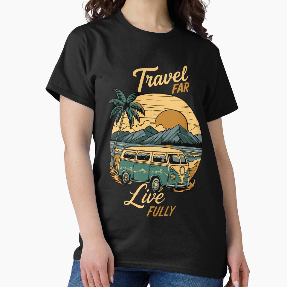 Travel Far Live Fully Vintage Camper Van T-Shirt by phsycartwork