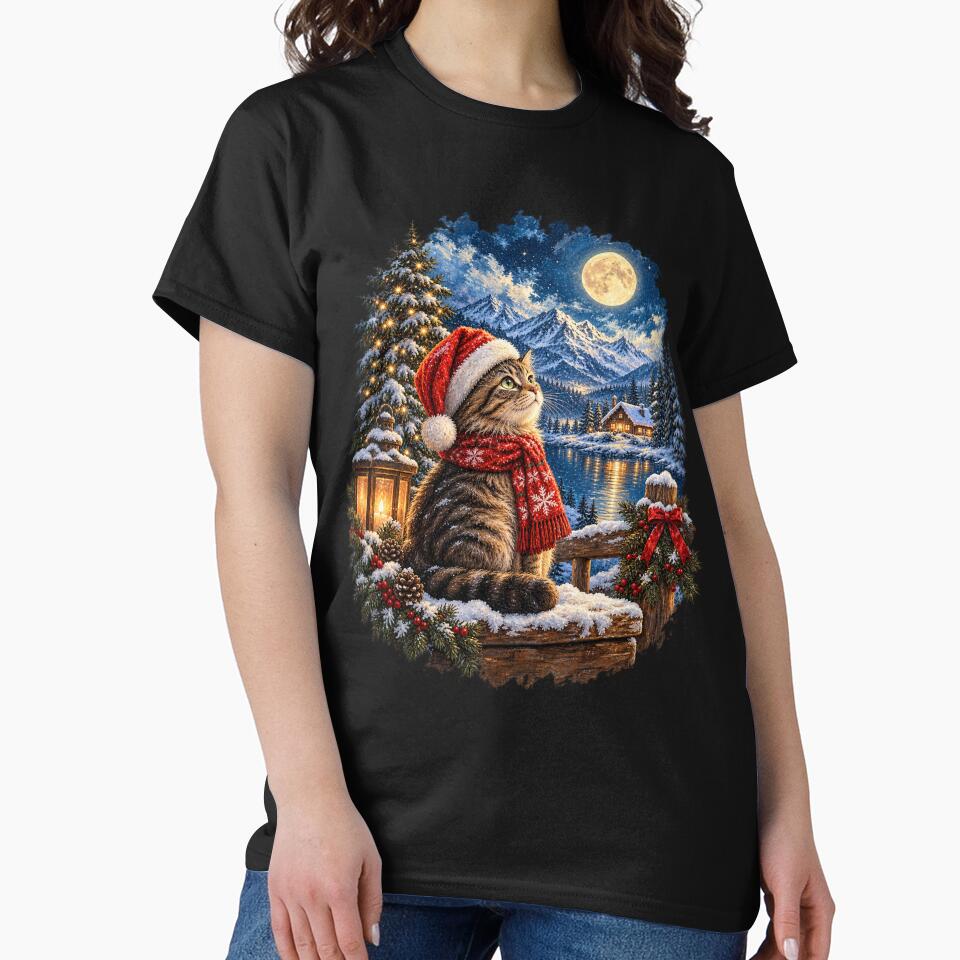Magical Christmas Cat with Santa Hat, Full Moon and Snowy Mountain Winter Wonderland by SOUFIANE1991