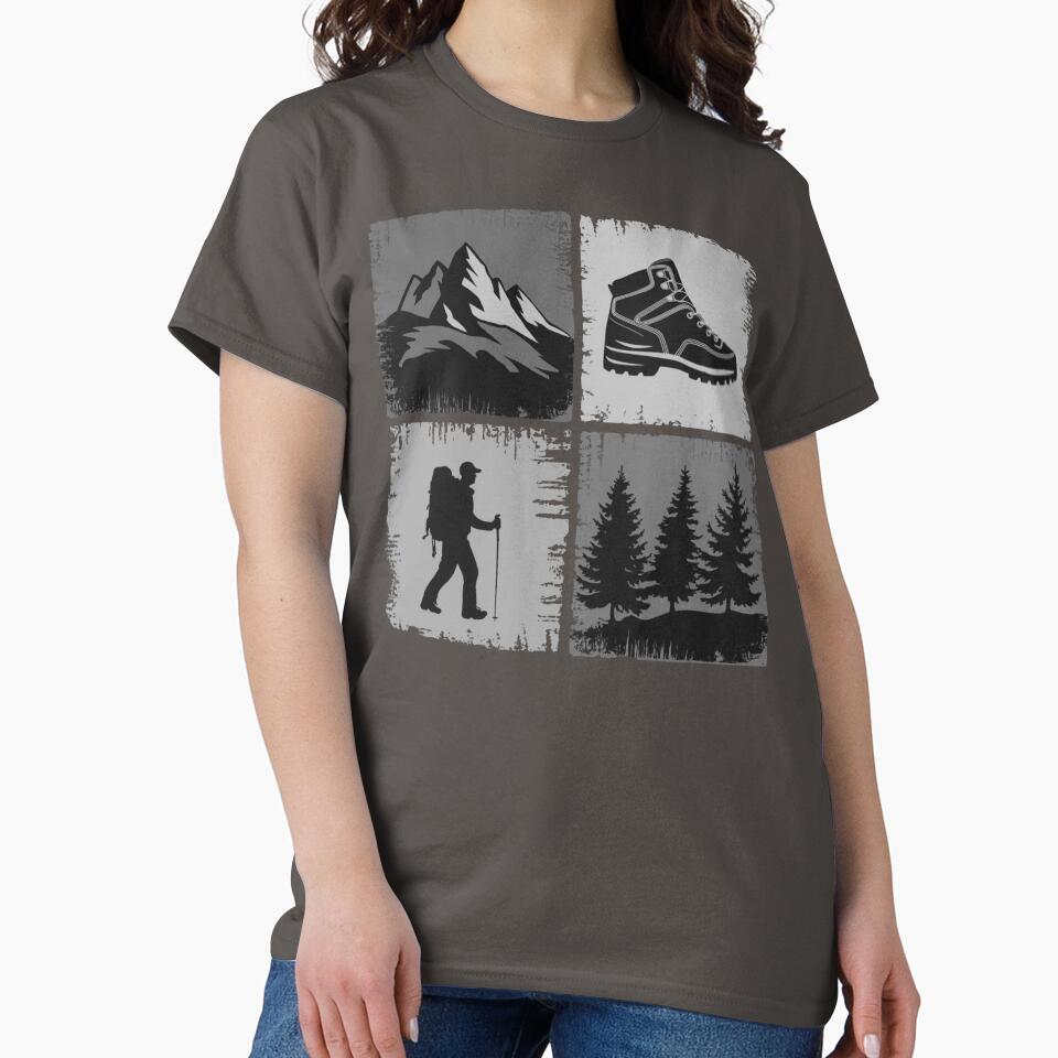 Hiking Icons Grid – Mountains, Boot, Hiker & Trees Monochrome Design by Gabe1983