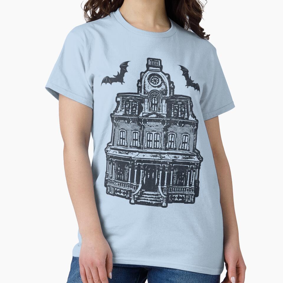Haunted Victorian Mansion Bats Gothic House Woodcut Blue by Ghoul Enterprises