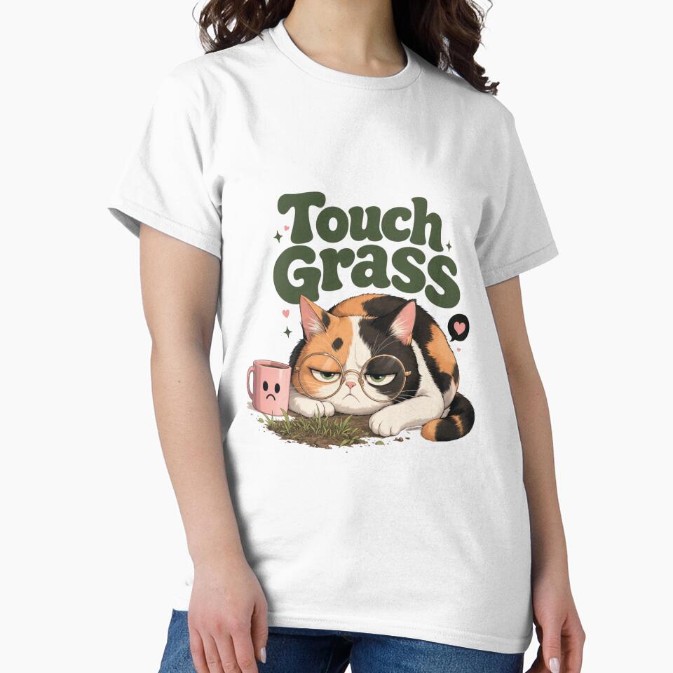 Touch Grass Sarcastic Kawaii Cat Sticker | Black Glasses by Ashley critters