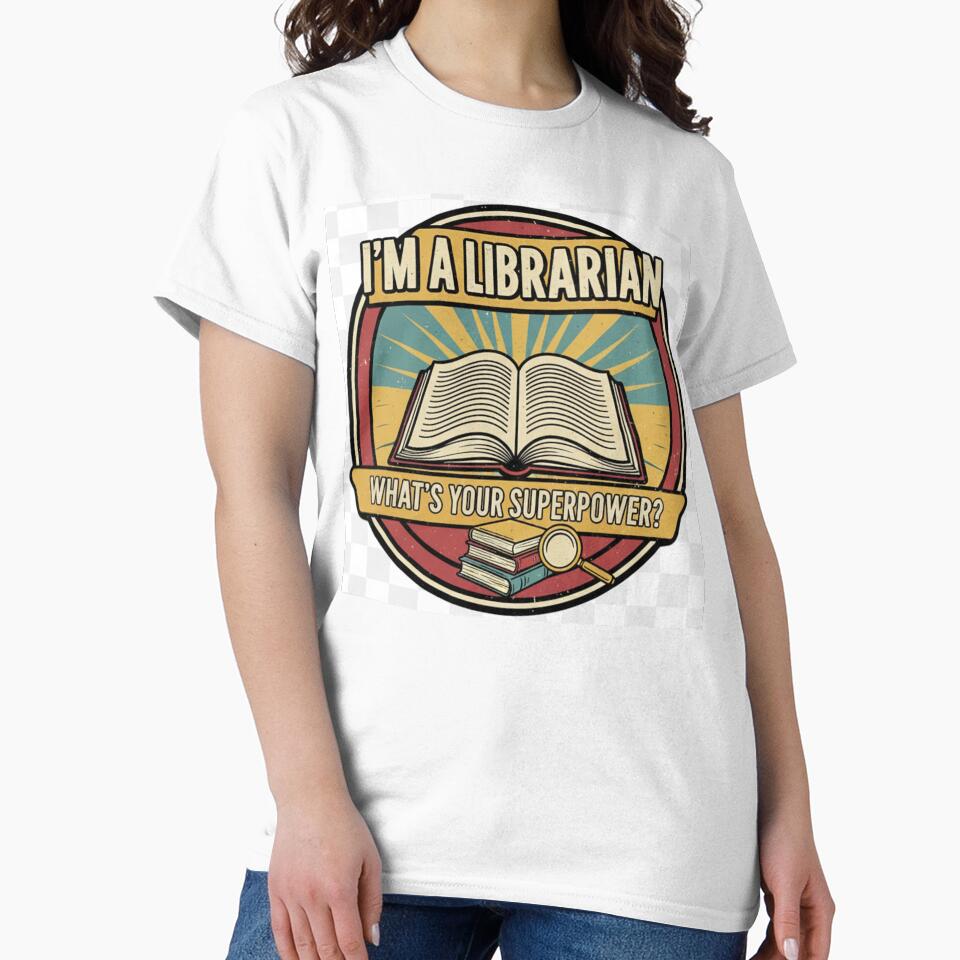 Title: "Superpower" Librarian Gift - Funny Library Hero T-Shirt Sticker Mug - Vintage Comic Book School Librarian Tee by kinany00