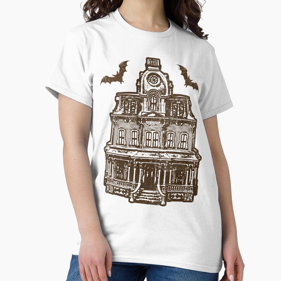 Haunted Victorian Mansion Bats Gothic House Woodcut Orange by Ghoul Enterprises
