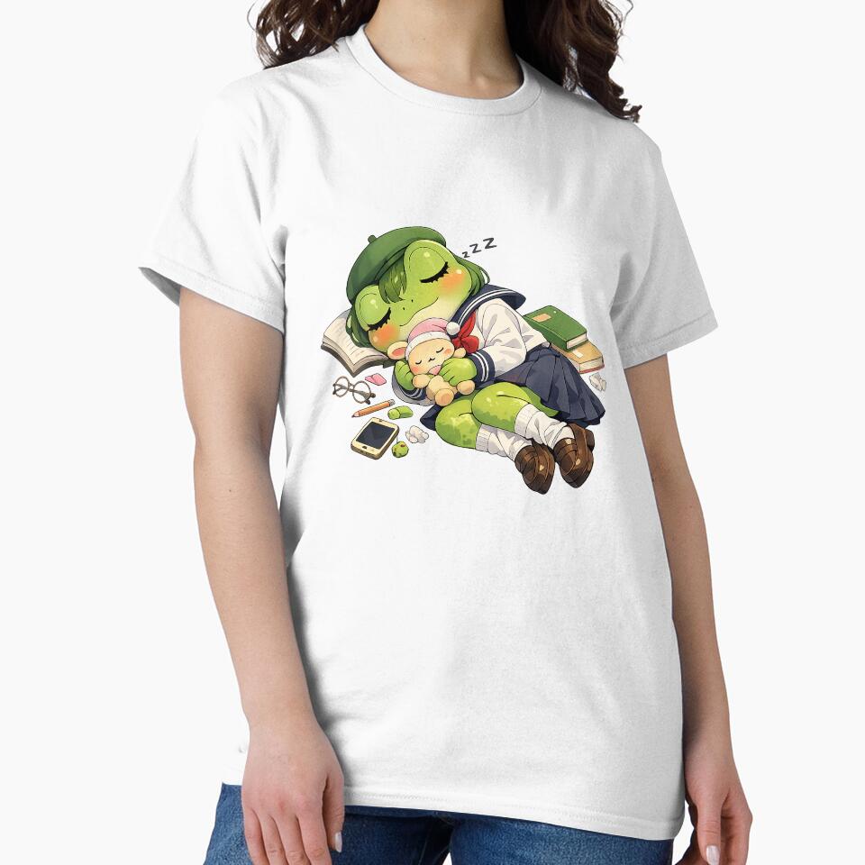 Kawaii Anime Frog Sleeping with Plushie | Cute Schoolgirl Froggy Aesthetic Art by CustomizingGift