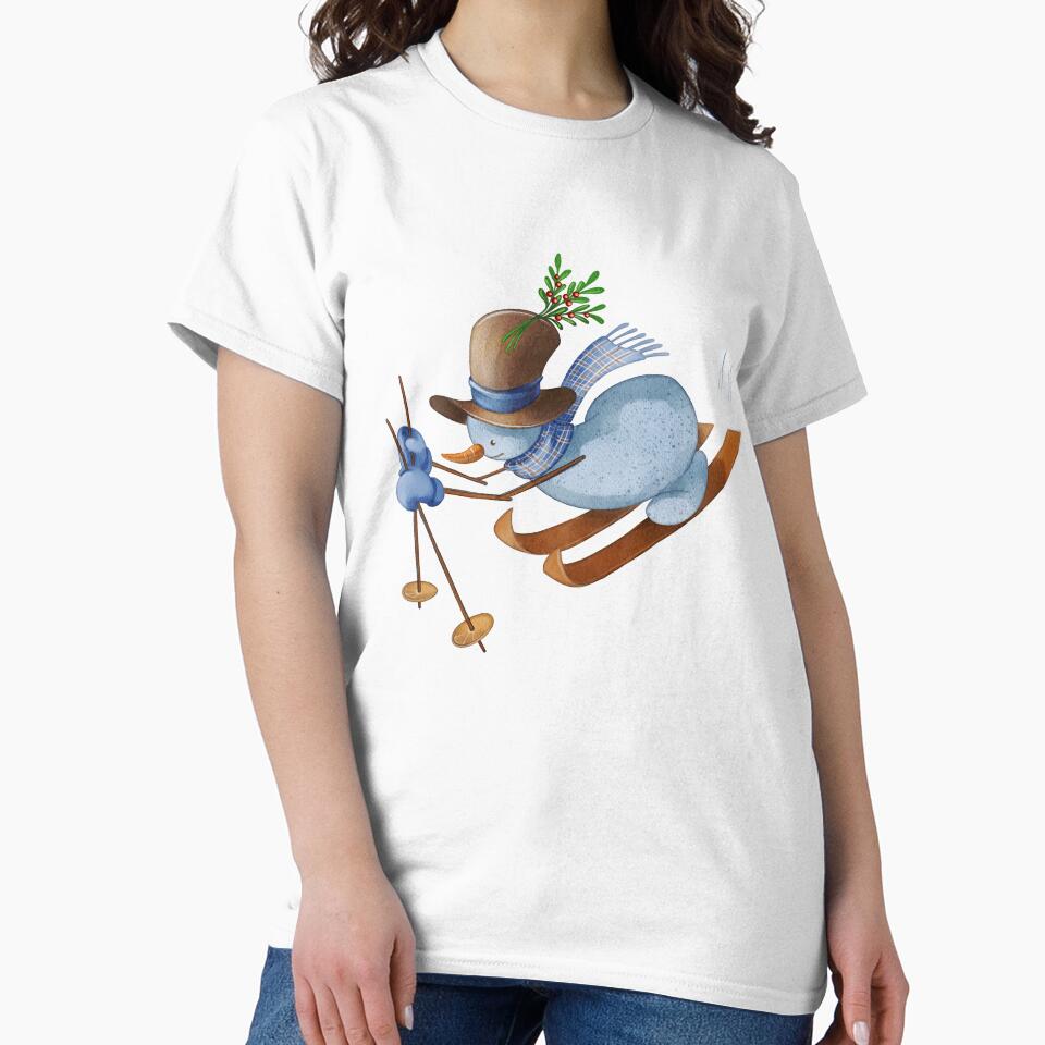 Christmas Snowman Skiing – Cute Winter Holiday Character Illustration by Ms. Iryna