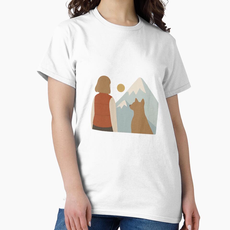Woman and Dog Looking at Mountains Illustration by Wandertrace