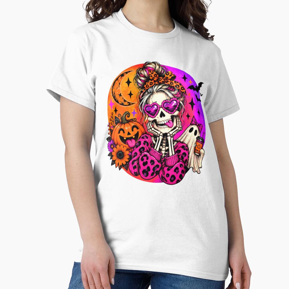 Spooky Cute Skeleton Girl Halloween – Pink Leopard Pumpkin & Ghost by RaspberryParty