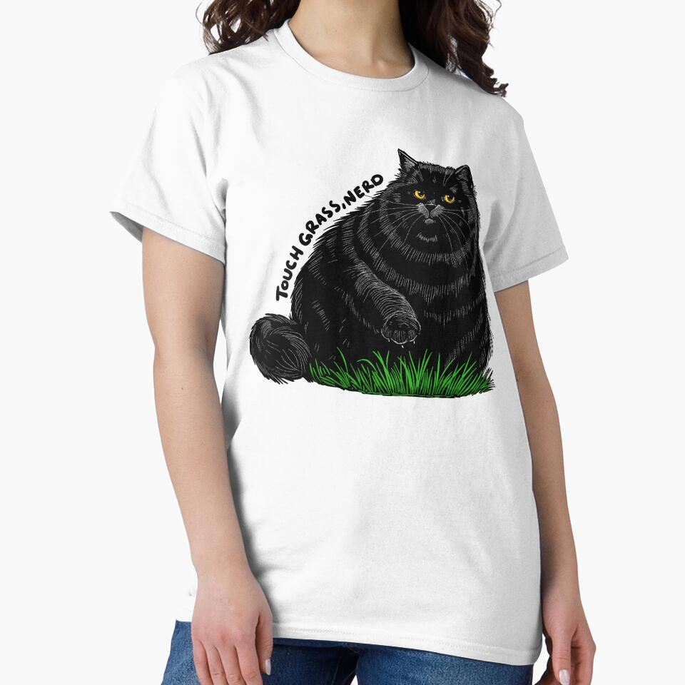Touch Grass, Nerd, Chonky Black Cat by KilkennyCat Art