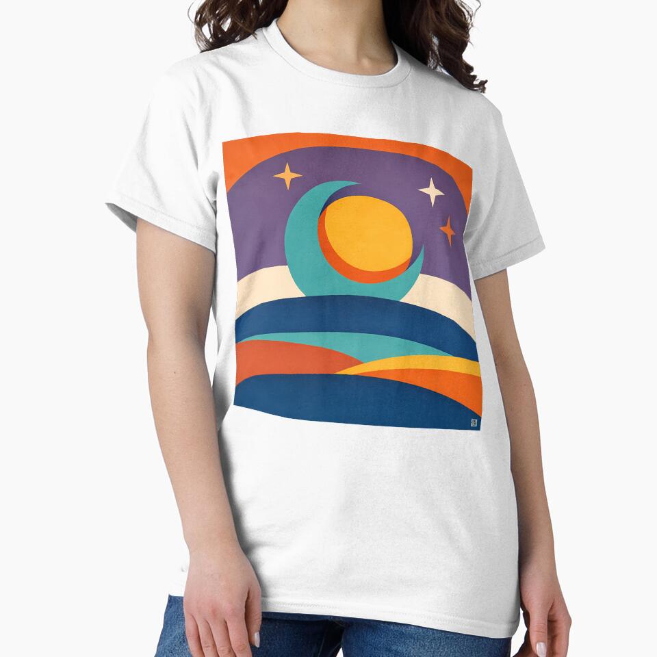 Sun and Moon Over Layered Cosmic Hills by InkSmithery