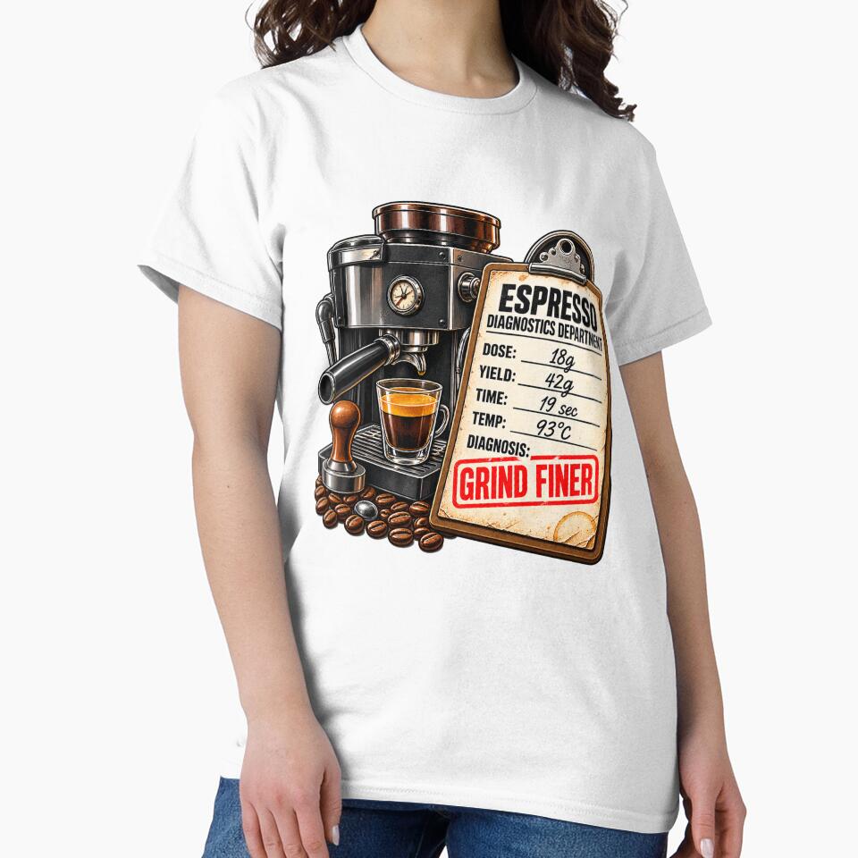 Espresso Diagnostics Grind Finer Shirt - Funny Home Barista Gift by NemesisBirdCo