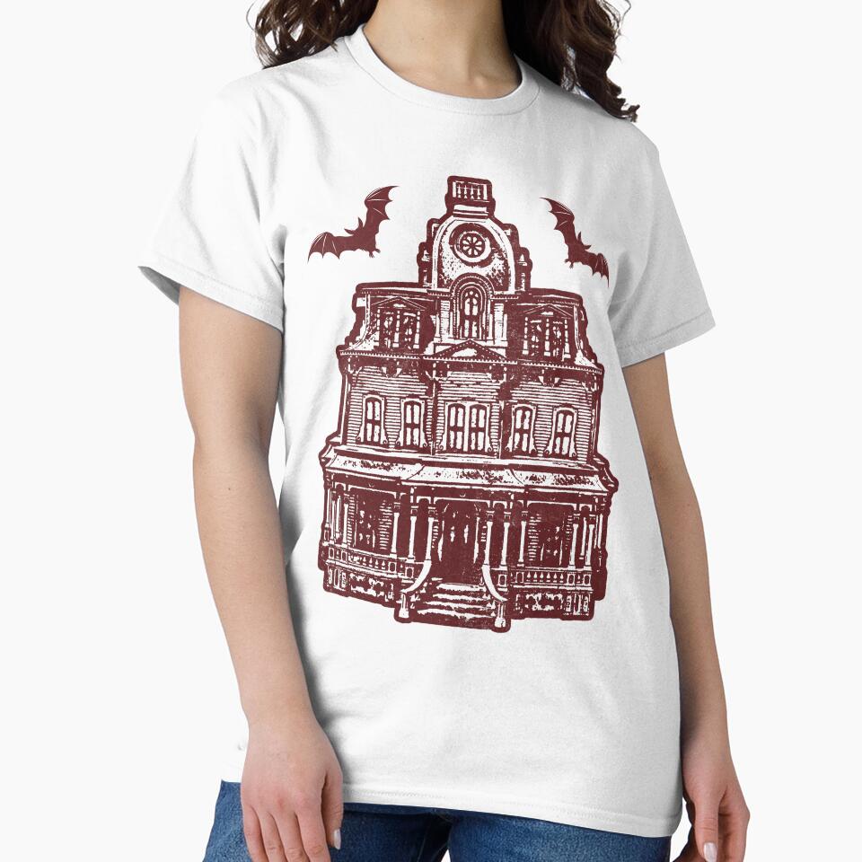 Haunted Victorian Mansion Bats Gothic House Woodcut Red by Ghoul Enterprises