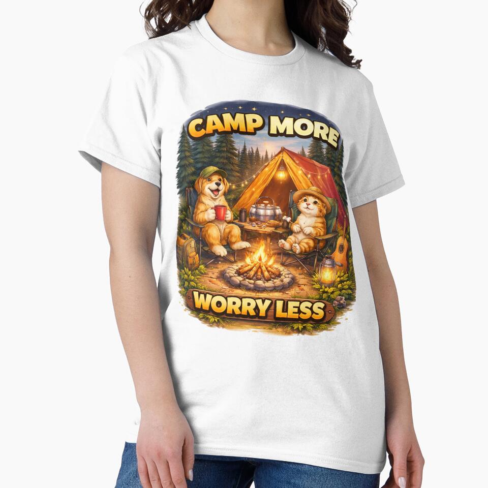 Camp More Worry Less Cute Dog and Cat Camping Design. by The-T-In-Retro