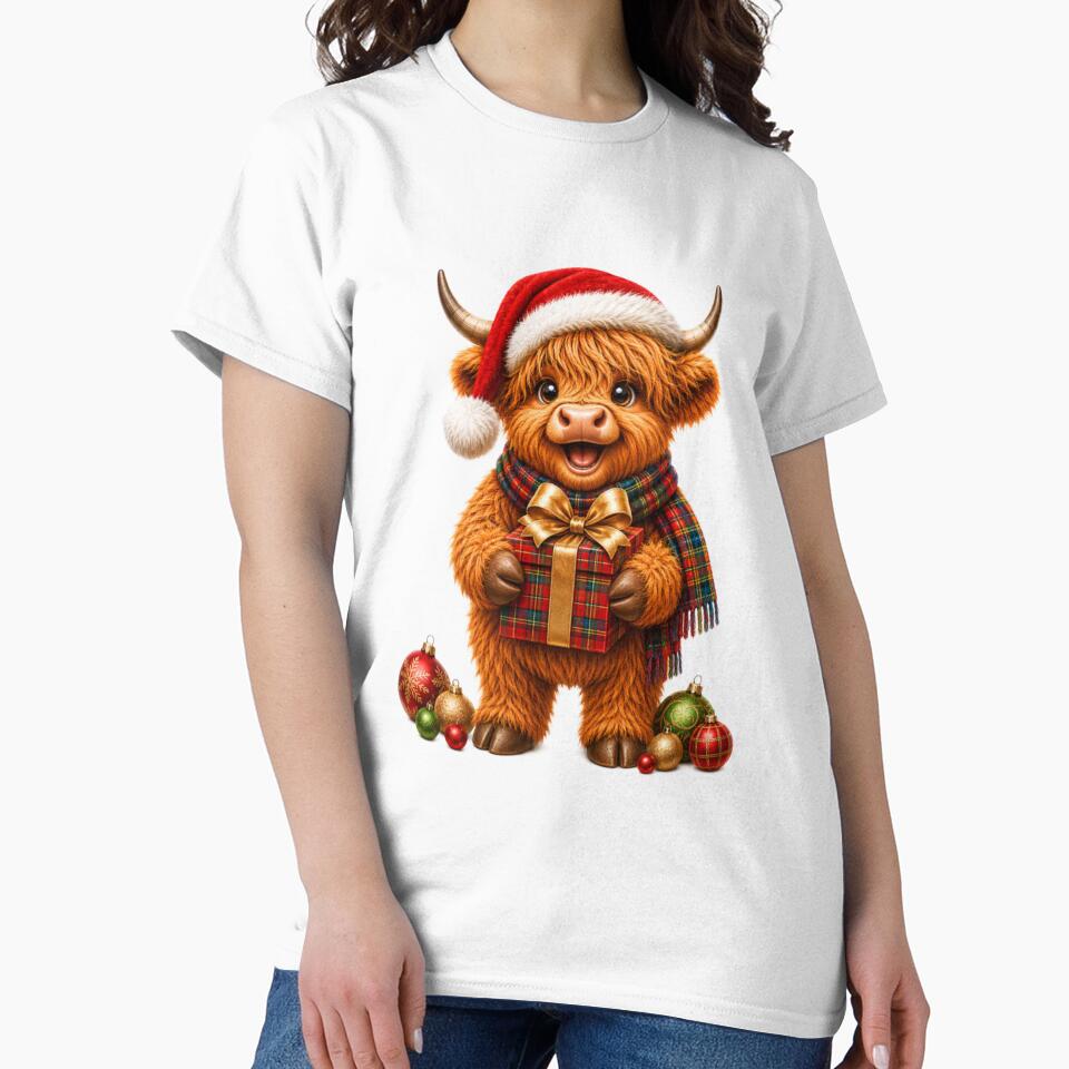 Cute Scottish Highland Cow with Christmas Present and Santa Hat by MaedK