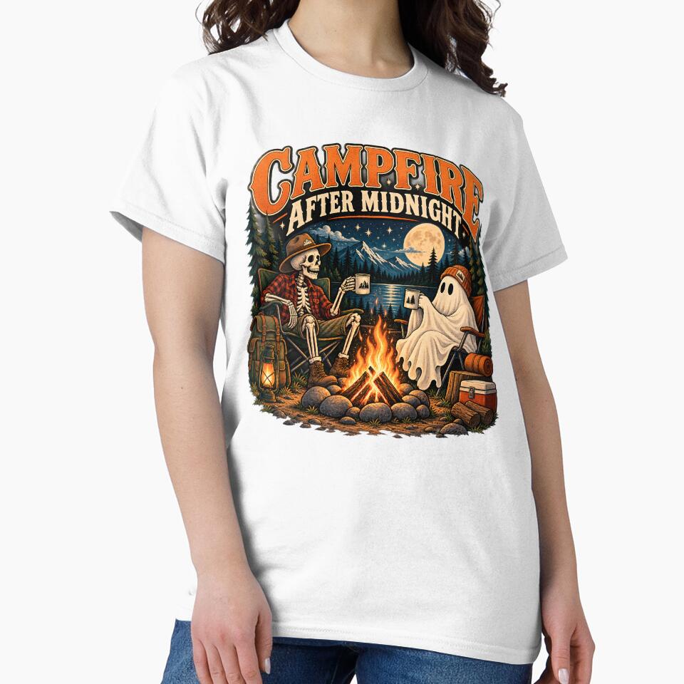 Campfire After Midnight Skeleton Ghost Retro Halloween Camping by suthee navakul