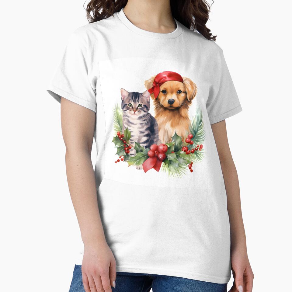 adorable dog and cat christmas holiday print by dcrc