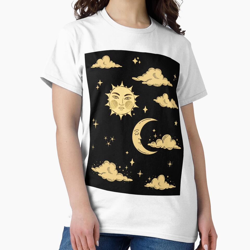 sun and moon celestial line art, artstyle by cutecrazytshirt