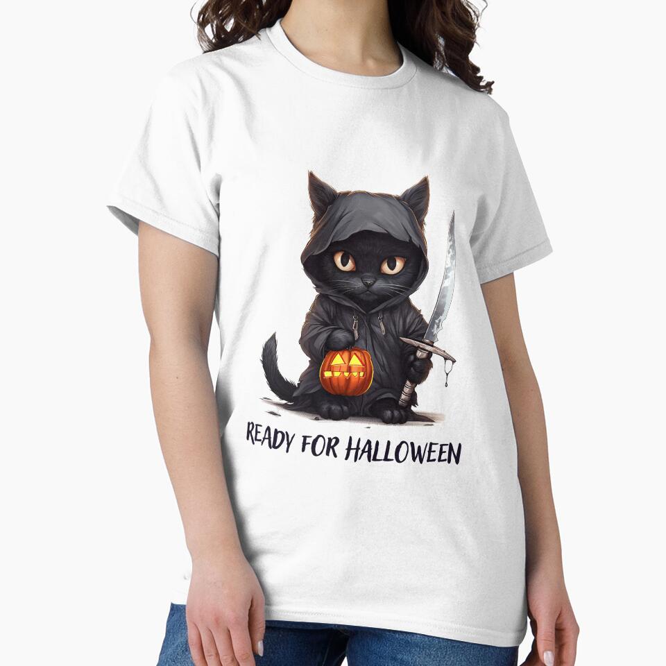 Halloween black cat ready for Halloween with text by Mikakujumi