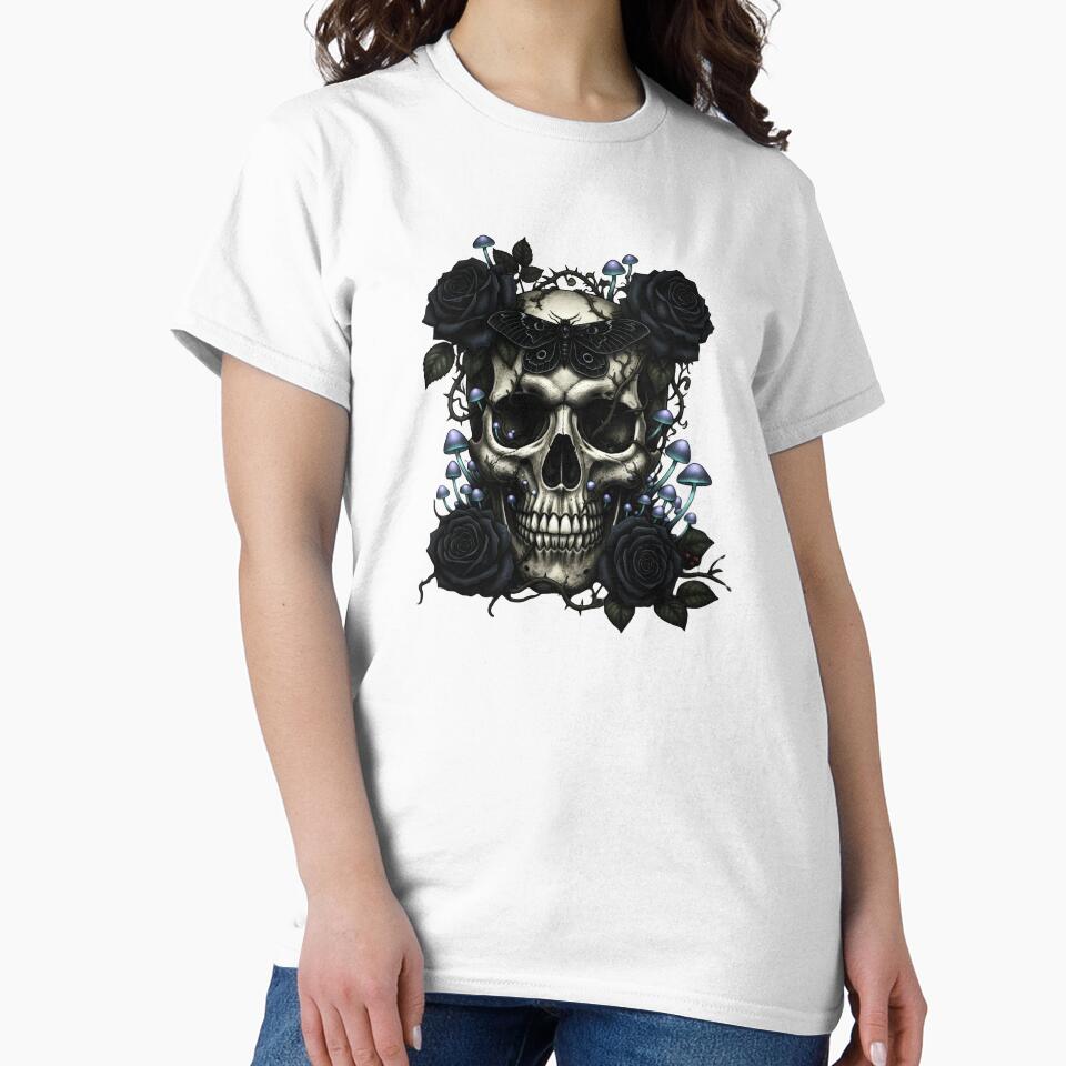 Gothic Skull with Black Roses, Moth & Mushrooms by Dakson Design - Fantasy Art
