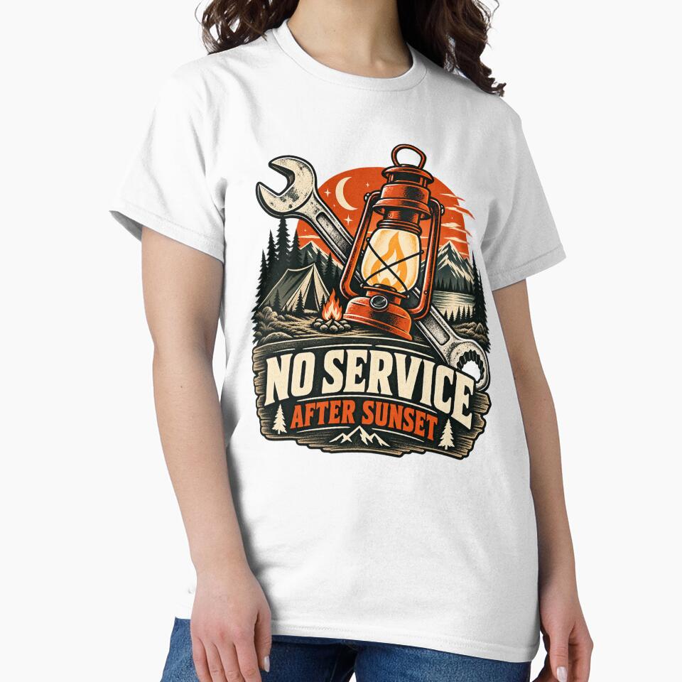 Mechanic Camping T-Shirt – No Service After Sunset by OFFSHIFT1
