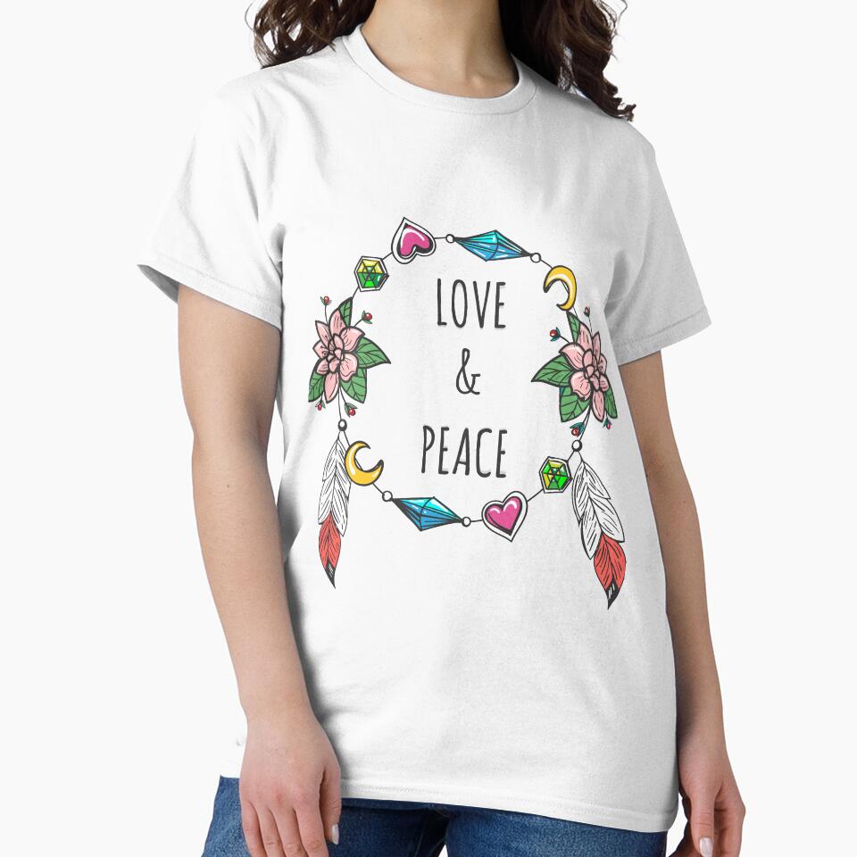 Love and peace Sign Boho Style with Pink Flowers and Moon by GypsyMagic