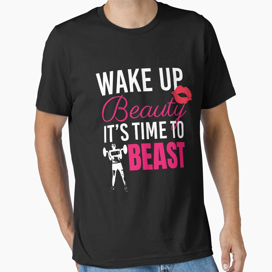 Wake Up Beauty its time to Beast | gym shirts | men fitness | funny exercise shirt | funny fitness shirts | workout clothes | fitness motivational gym shirts | workout shirt by Kreature Look