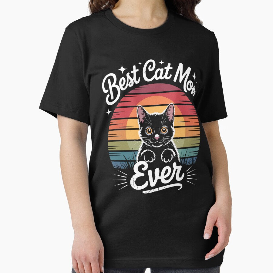 Best Cat Mom Ever – Retro Sunset Cute Black Cat T-Shirt Design by UmazDesigns