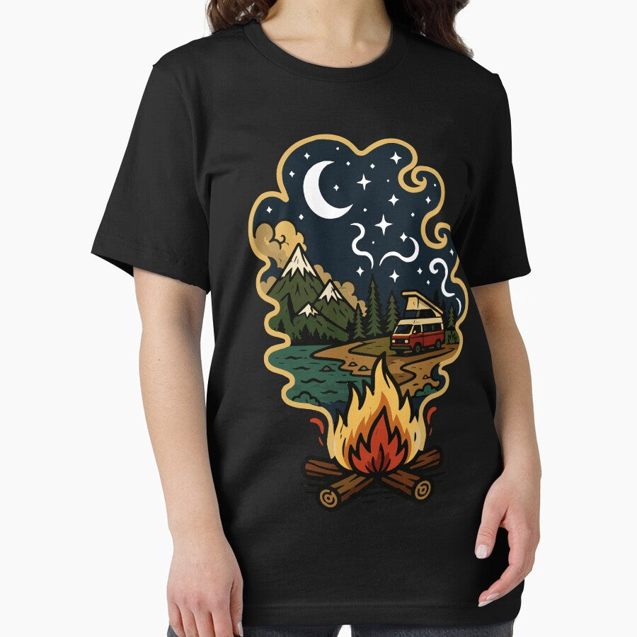 Campfire Smoke Transforming into a Mountain Camping Landscape with Camper Van, Crescent Moon, Pine Forest, and Starry Night Sky by Huddy-clothes