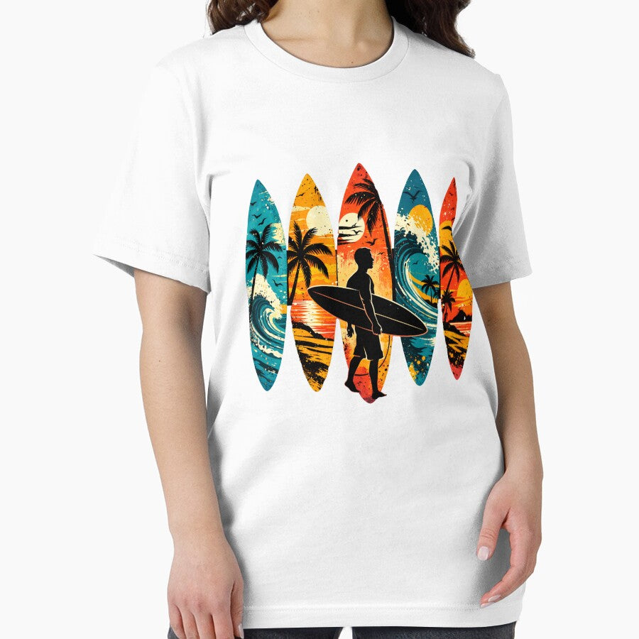 Vintage Surfboard Sunset Shirt, Surfer Beach Graphic Tee by treesdesign