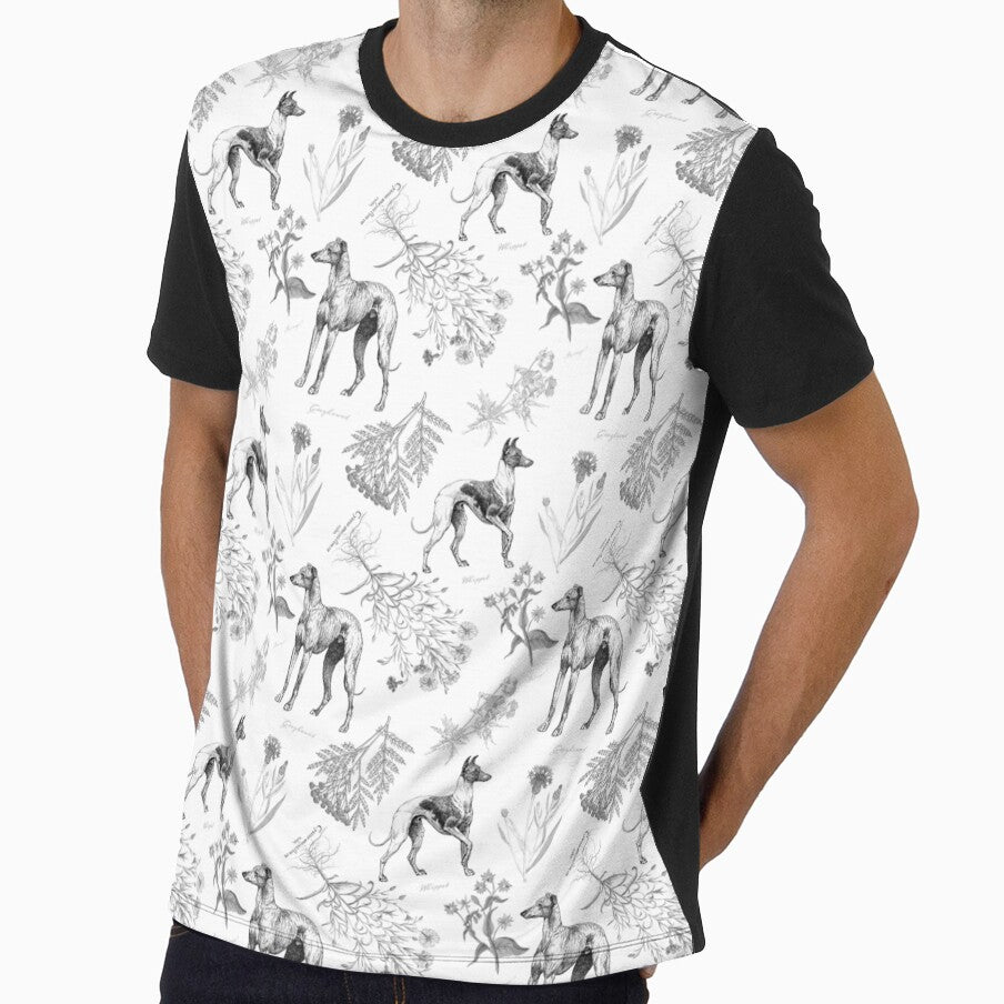 Greyhound Dog and Wildflowers Cottagecore Pattern - Black and White by CanisArtStudio
