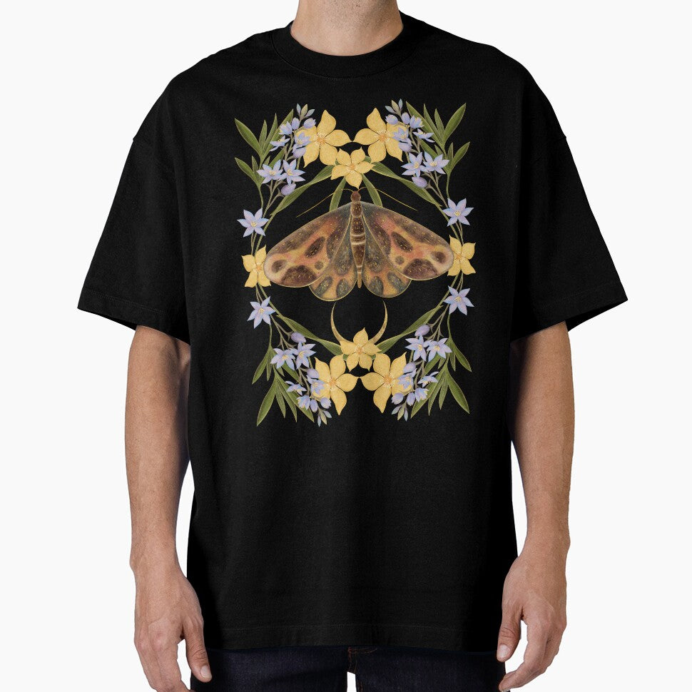 A moody and sophisticated botanical piece featuring a rich, dark-winged moth framed by elegant lavender and yellow blossoms. by Grin Katalina Floral Patterns & Cozy Art