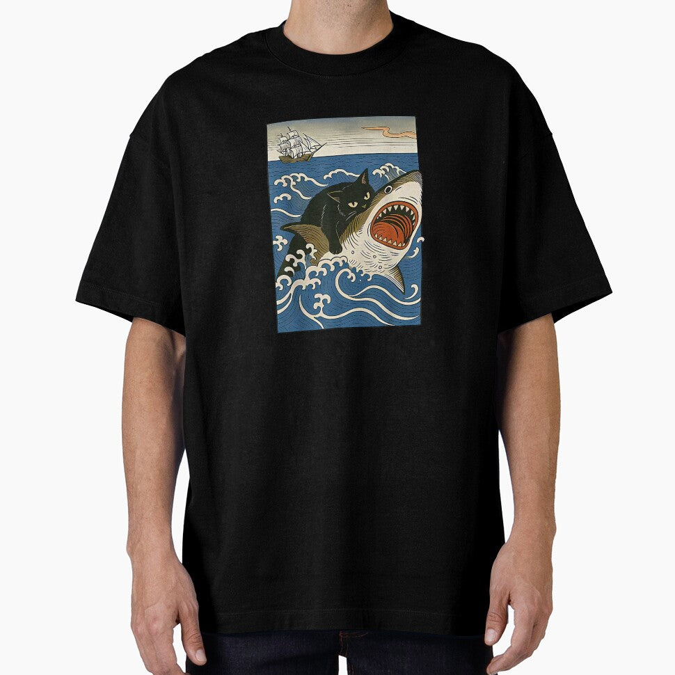 Black Cat Hunting Shark Ukiyo-e Ocean Art Japanese Style Graphic Tee T-Shirt by kevincuellar
