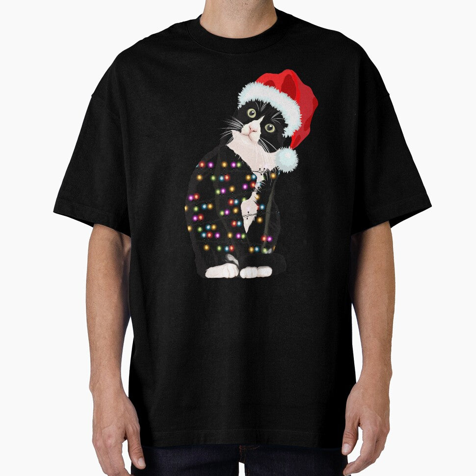Black Santa Cat Tangled Up In Lights Christmas Santa Illustration by swedtees