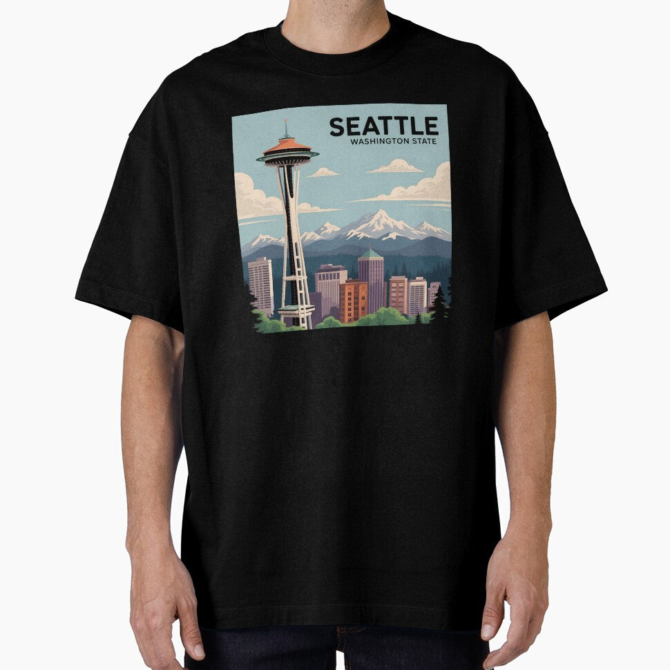 Seattle Skyline Poster – Vintage Travel Style with Space Needle and Mountains by VividOrganica