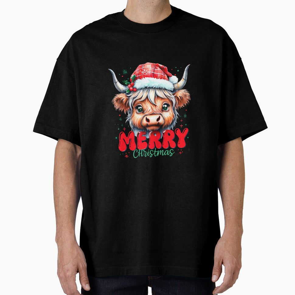 Highland Cow Christmas T-Shirt - Cute Cartoon Heilan Coo Merry Xmas by ArtisticDesignsbyLinda